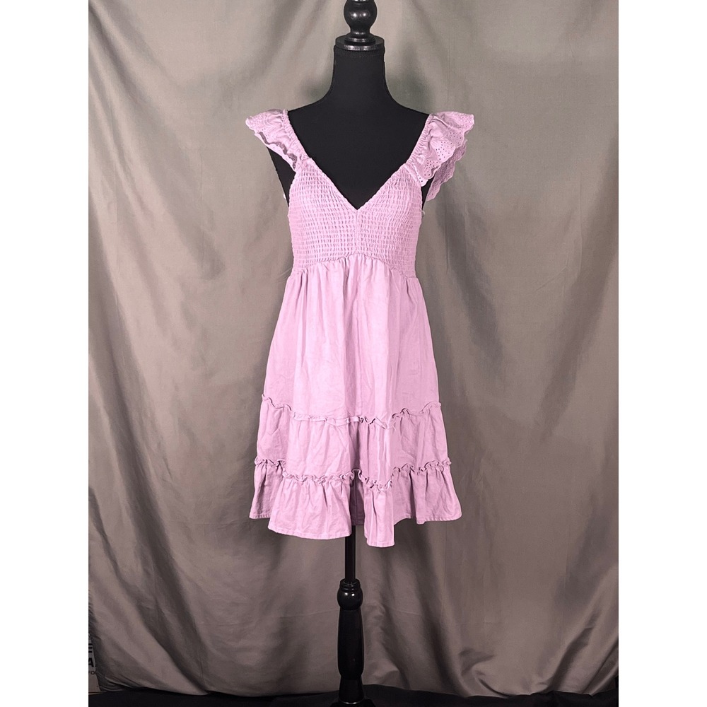 Love Tree Lavender Linen Blend Smocked Tiered Mini Dress Ruffle Eyelet Small